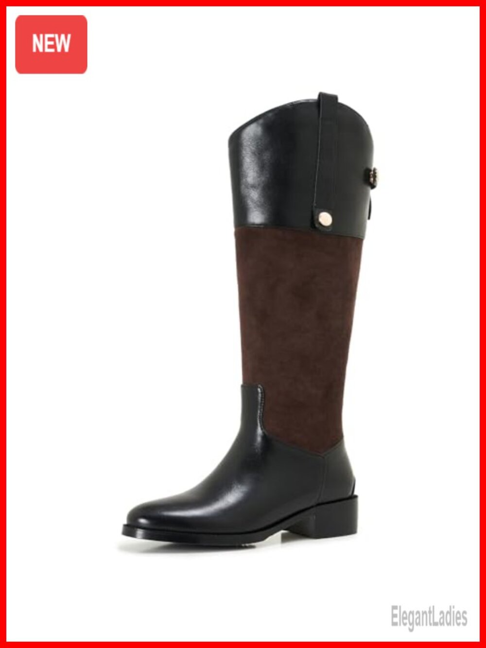 Two-Tone Knee High Riding Boots Round Toe Block Heel Rear Zip PU